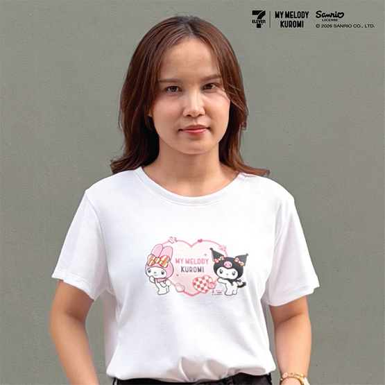 M2S Lifestyle เสื้อยืด ลายลิขสิทธิ์ My Melody and Kuromi สีขาว ลายหัวใจ 1