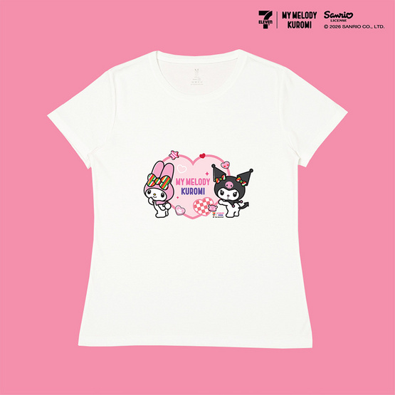 M2S Lifestyle เสื้อยืด ลายลิขสิทธิ์ My Melody and Kuromi สีขาว ลายหัวใจ 1