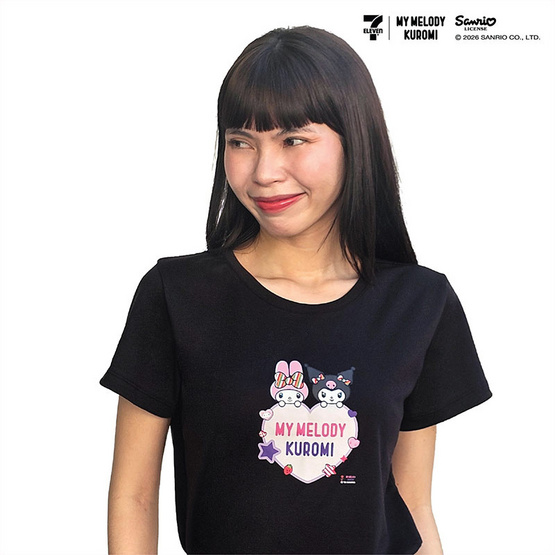 M2S Lifestyle เสื้อยืด ลายลิขสิทธิ์ My Melody and Kuromi สีดำ ลายหัวใจ 1
