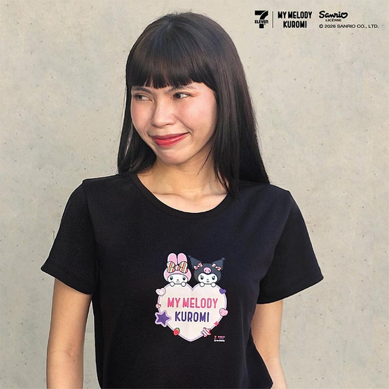 M2S Lifestyle เสื้อยืด ลายลิขสิทธิ์ My Melody and Kuromi สีดำ ลายหัวใจ 1