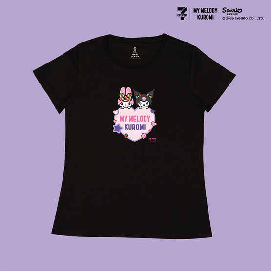 M2S Lifestyle เสื้อยืด ลายลิขสิทธิ์ My Melody and Kuromi สีดำ ลายหัวใจ 1