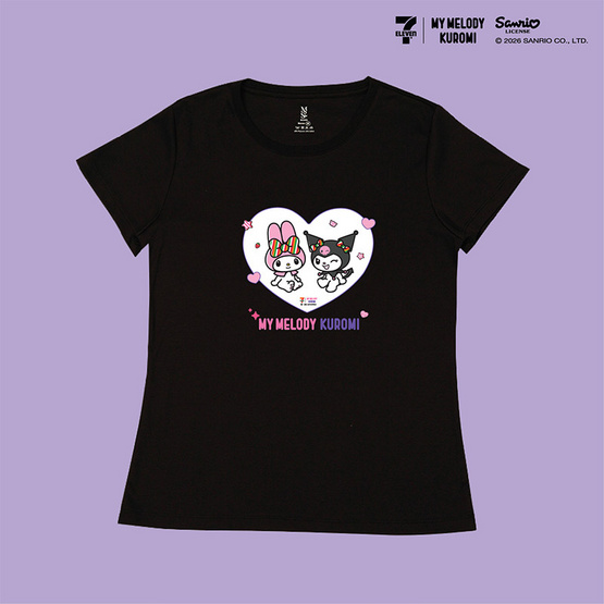 M2S Lifestyle เสื้อยืด ลายลิขสิทธิ์ My Melody and Kuromi สีดำ ลายหัวใจ 2