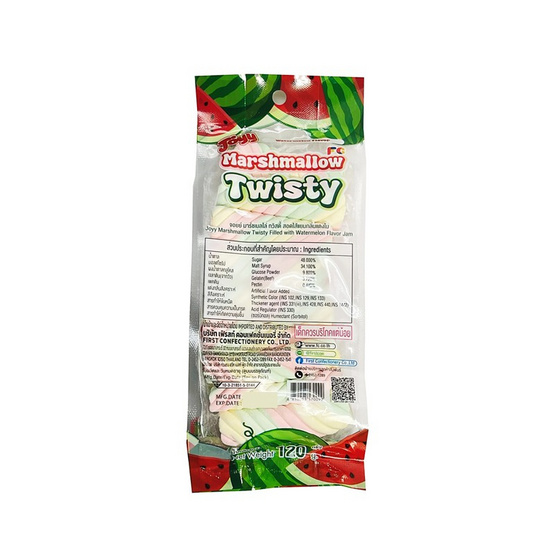 จอยย์ มาร์ชเมลโล่ทวิสตี้สอดไส้แยมกลิ่นแตงโม 120 กรัม (แพ็ก 6 ชิ้น)