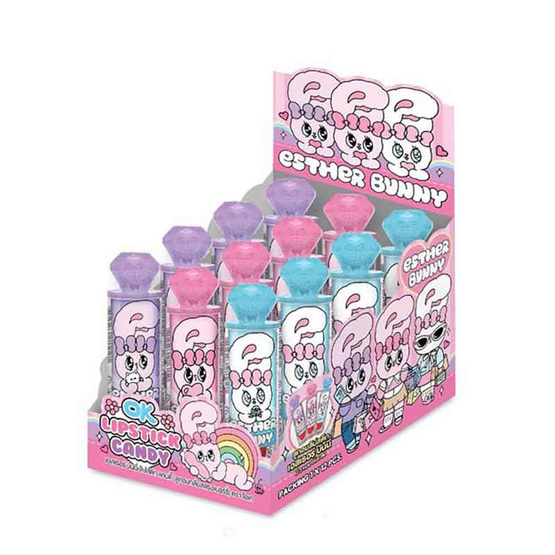 โอเค อมยิ้มสตรอเบอร์รี่ เอสเธอบันนี่พร้อมลิปสติกลอลลิป๊อป คละแบบ 5 กรัม (แพ็ก 12 ชิ้น)