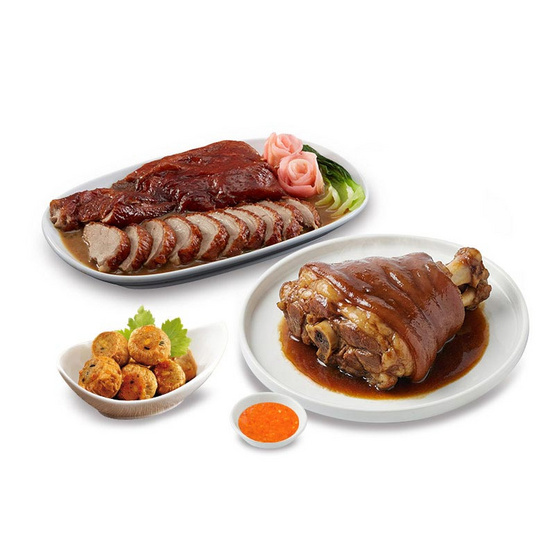 ชุดประหยัดมั่งมีเนื้อเป็ดย่าง+ไก่จ้อ+ขาหมูพะโล้พร้อมน้ำจิ้ม1250g.