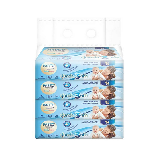 พาซิโอ เบบี้เพียว กระดาษเช็ดหน้า ซอฟท์แพ็ค หนา 3 ชั้น 70 แผ่น (แพ็ก 4 ห่อ)