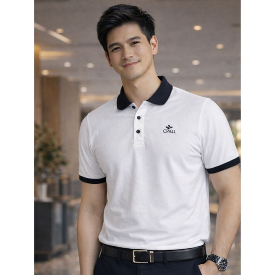 CP ALL เสื้อโปโลผู้ชาย Upcycling สีขาวปกดำ