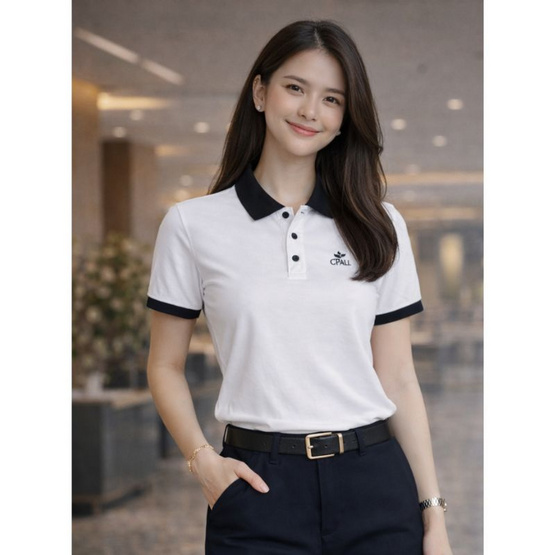 CP ALL เสื้อโปโลผู้หญิง Upcycling สีขาวปกดำ