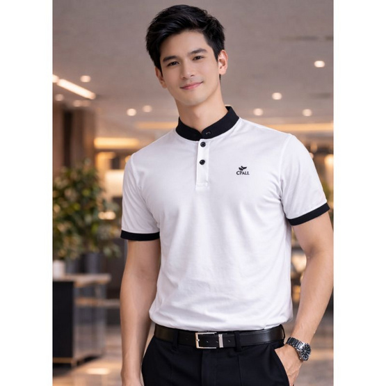 CP ALL เสื้อโปโลผู้ชาย คอจีน สีขาวปกดำ