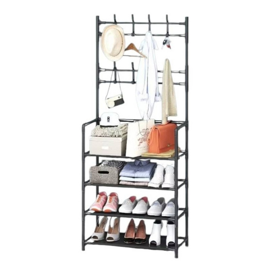 HUS ชั้นวางรองเท้า 4 ชั้น พร้อมราวแขวนของ ดำ