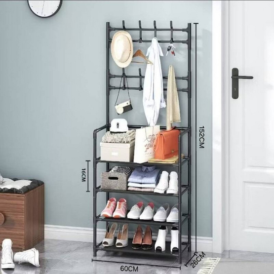 HUS ชั้นวางรองเท้า 4 ชั้น พร้อมราวแขวนของ ดำ