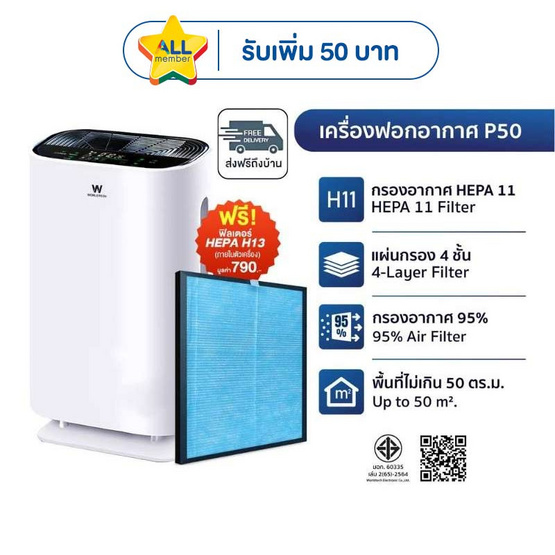 Worldtech เครื่องฟอกอากาศ 40-50 ตร.ม. รุ่น WT-P50
