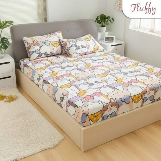 Fluffy ชุดผ้าปูไม่รวมนวม ลาย Pink Cat 6 ฟุต