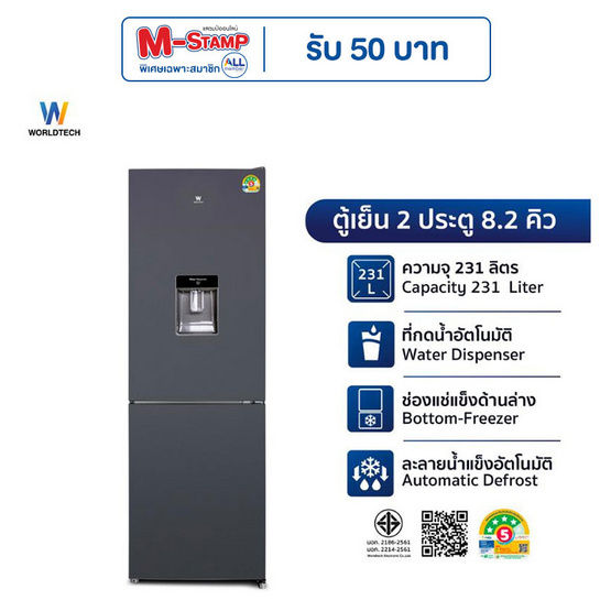 Worldtech ตู้เย็น 2 ประตู รุ่น WTMRF236W Gray 8.2Q