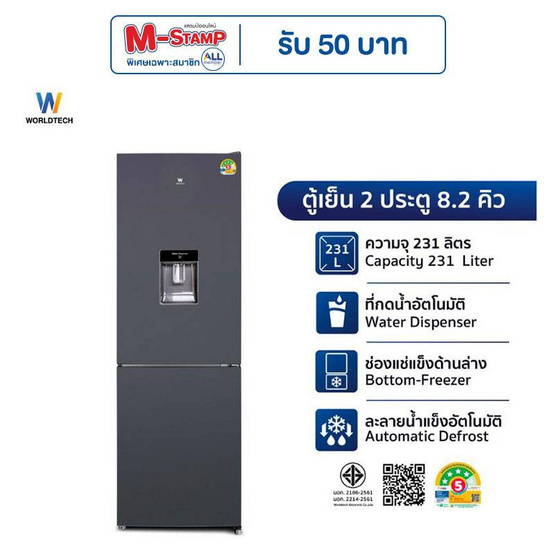 Worldtech ตู้เย็น 2 ประตู รุ่น WTMRF236W Gray 8.2Q
