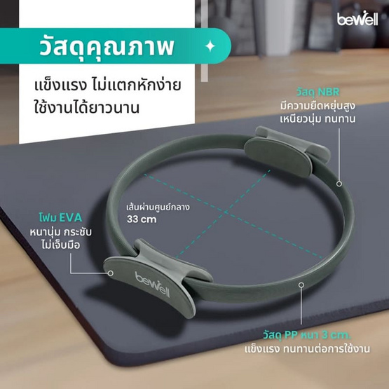 Bewell เซ็ต เสื่อโยคะ หนาพิเศษ 10 mm. สีเทา + ห่วงพิลาทิส สีเทา