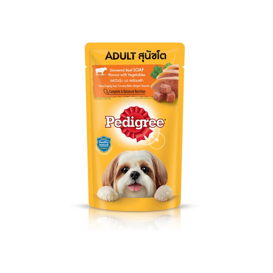 เพดดิกรี อาหารสุนัข ชนิดเปียก สูตรสุนัขโต รสวัวตุ๋น บด พร้อมผัก 130 ก.