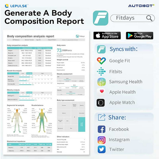 AUTOBOT Smart Scale รุ่น P3 เครื่องน้ำหนัก อัจฉริยะ Smart Scale เซนเซอร์ 8อิเล็กโทรด-สีขาว