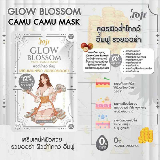 Joji Secret Young แผ่นมาส์กหน้า Glow Blossom Camu Camu Mask 30กรัม (6แผ่น)