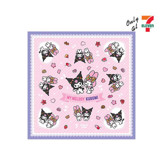 ผ้าพันคอ My Melody & Kuromi สีชมพู ขอบสีม่วง