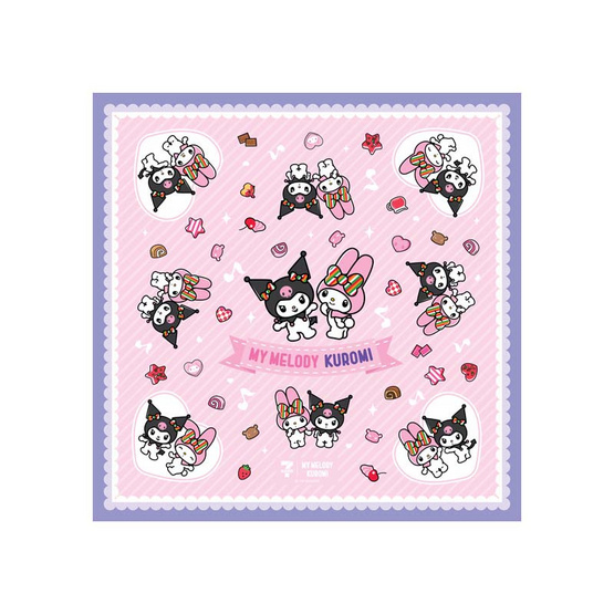 ผ้าพันคอ My Melody & Kuromi สีชมพู ขอบสีม่วง