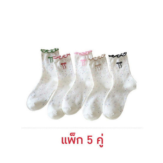 CC SOCK ถุงเท้าขอบหยักลายจุดโบว์ CBF แพ็ก 5 คู่