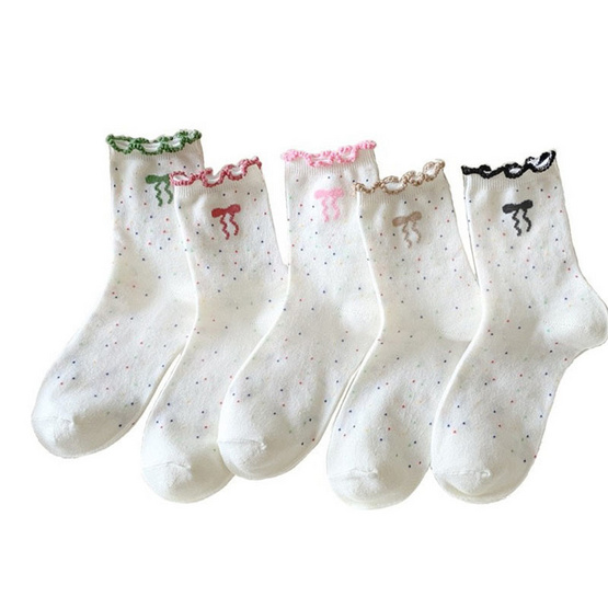 CC SOCK ถุงเท้าขอบหยักลายจุดโบว์ CBF แพ็ก 5 คู่