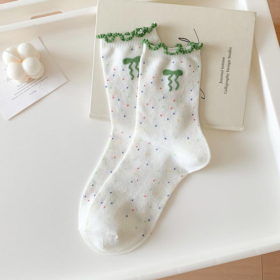 CC SOCK ถุงเท้าขอบหยักลายจุดโบว์ CBF แพ็ก 5 คู่