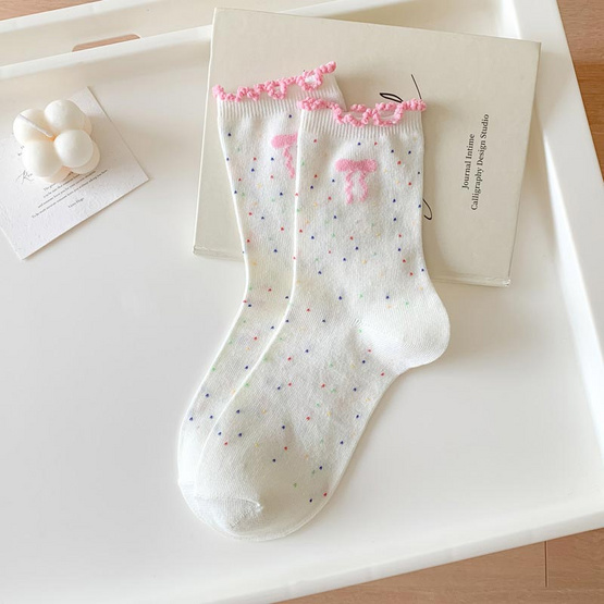 CC SOCK ถุงเท้าขอบหยักลายจุดโบว์ CBF แพ็ก 5 คู่