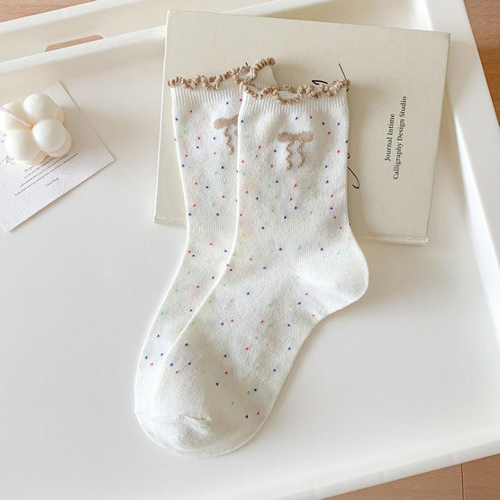 CC SOCK ถุงเท้าขอบหยักลายจุดโบว์ CBF แพ็ก 5 คู่