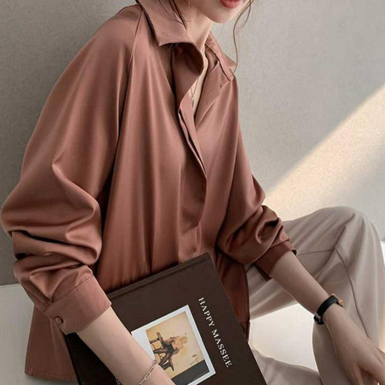 Forever25 เสื้อผ้าเชิ๊ตแขนยาว สีชมพูกะปิ