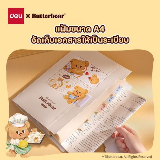 Deli แฟ้มเก็บเอกสาร Butterbear สีน้ำตาล 8 ช่อง ขนาด A4