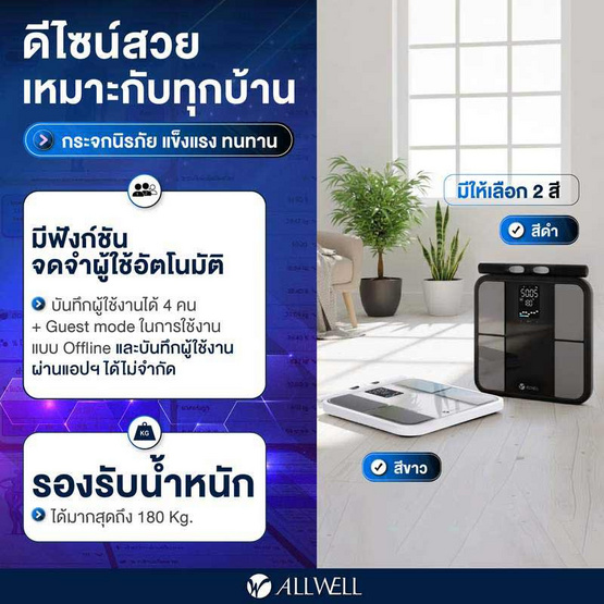 ALLWELL เครื่องชั่งน้ำหนักอัจฉริยะ รุ่น BODYA-PRO 8 อิเล็กโทรด (สีดำ)