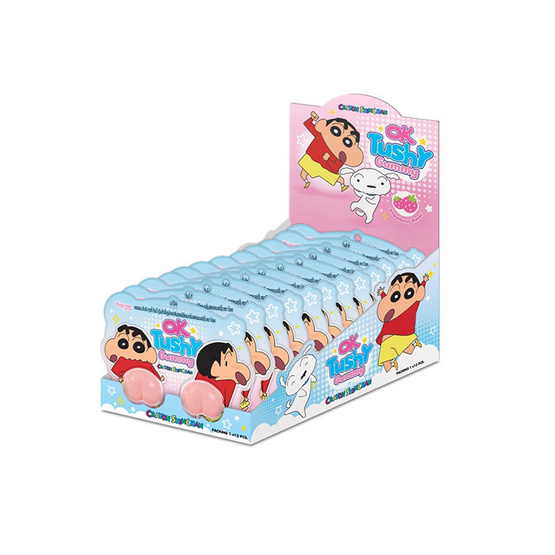 โอเค กัมมี่ทุชชี่สอดไส้แยมสตรอเบอร์รี่ชินจัง 20 กรัม (แพ็ก 12 ชิ้น)