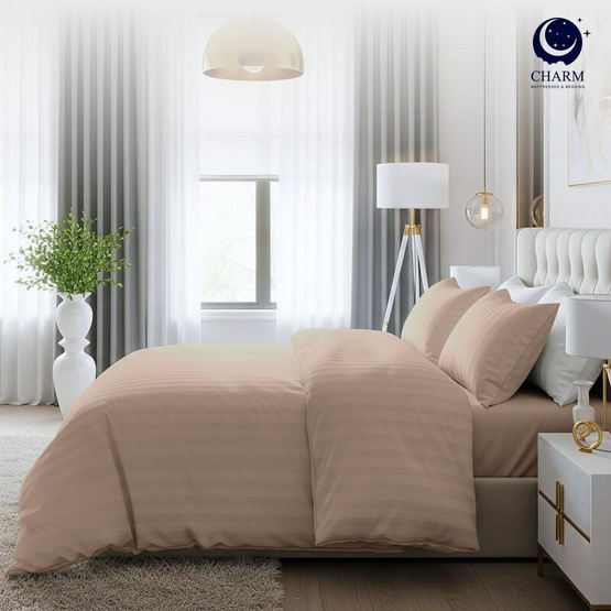 CHARM ชุดเครื่องนอน ผ้าซาติน ลายริ้ว สีเบจ 3.5ฟุต ครบเซต