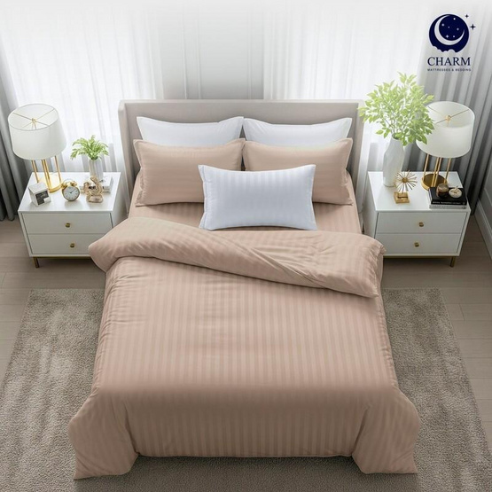 CHARM ชุดเครื่องนอน ผ้าซาติน ลายริ้ว สีเบจ 3.5ฟุต ครบเซต
