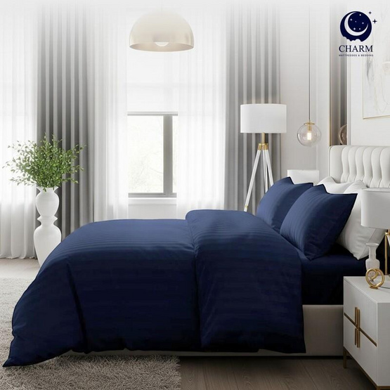 CHARM ชุดเครื่องนอน ผ้าซาติน ลายริ้ว สีกรม 3.5ฟุต ครบเซต