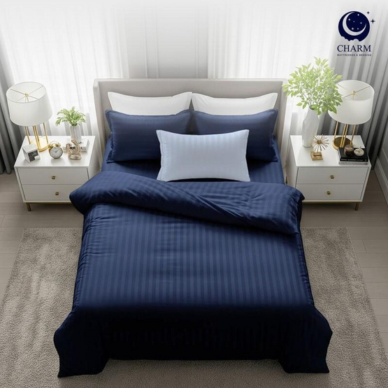 CHARM ชุดเครื่องนอน ผ้าซาติน ลายริ้ว สีกรม 3.5ฟุต ครบเซต