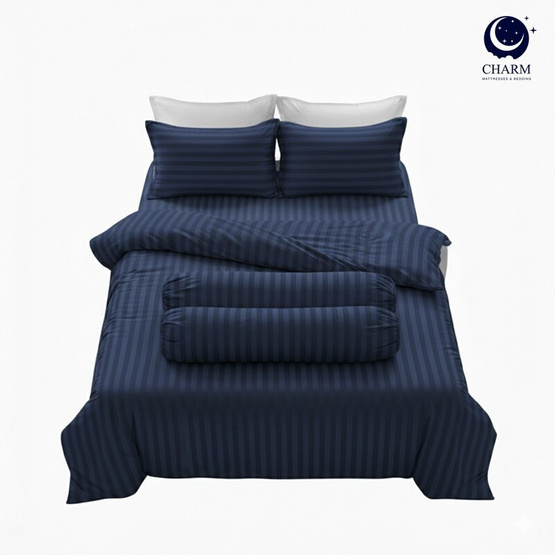 CHARM ชุดเครื่องนอน ผ้าซาติน ลายริ้ว สีกรม 3.5ฟุต ครบเซต