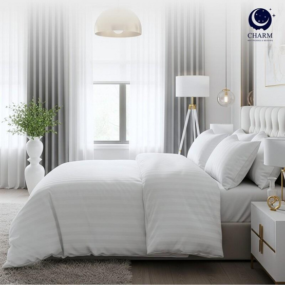 CHARM ชุดเครื่องนอน ผ้าซาติน ลายริ้ว สีขาว ครบเซต