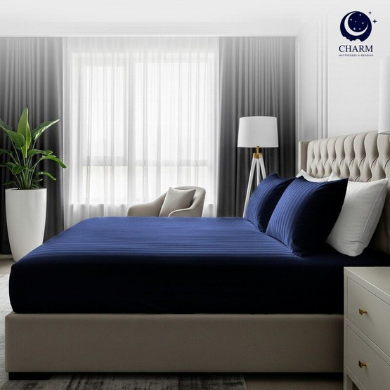 CHARM ผ้าปูที่นอน ผ้าซาตินลายริ้ว สีกรม ขนาด 3.5 ฟุต