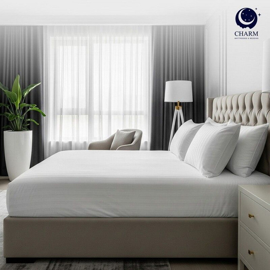 CHARM ผ้าปูที่นอน ผ้าซาตินลายริ้ว สีขาว ขนาด 3.5 ฟุต