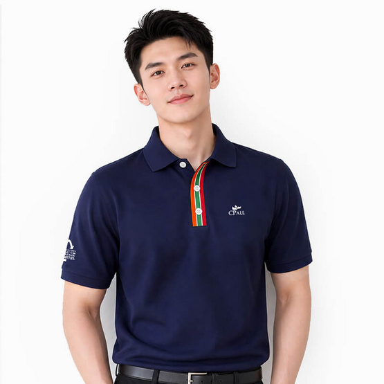 CP ALL เสื้อโปโลชาย Upcycling สีกรม แถบสี