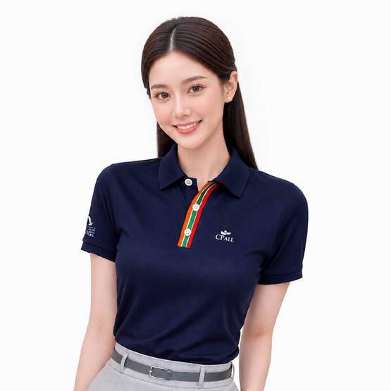 CP ALL เสื้อโปโลหญิง Upcycling สีกรม แถบสี