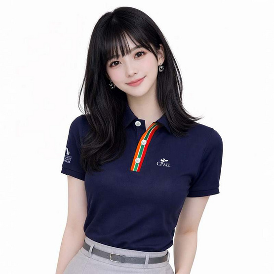 CP ALL เสื้อโปโลหญิง Upcycling สีกรม แถบสี