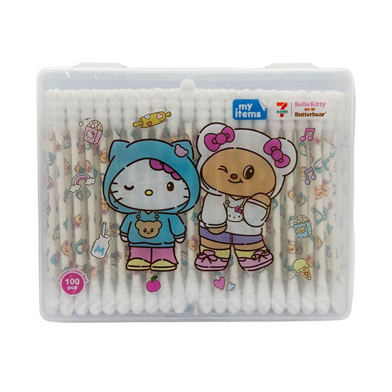 my items สำลีก้าน Hello Kitty x ButterBear สีขาว กล่องสี่เหลี่ยม 100 ก้าน (แพ็ก 2 ชิ้น)