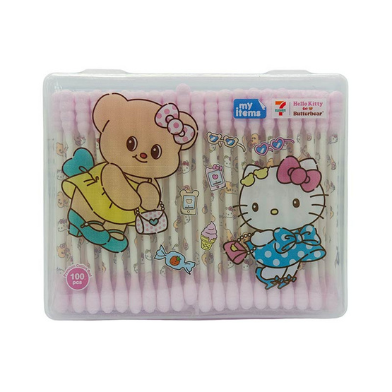 my items สำลีก้าน Hello Kitty x ButterBear สีชมพู กล่องสี่เหลี่ยม 100 ก้าน (แพ็ก 2 ชิ้น)