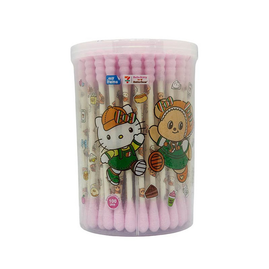 my items สำลีก้าน Hello Kitty x ButterBear สีชมพู กระปุกทรงกลม 100 ก้าน (แพ็ก 2 ชิ้น)
