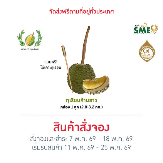 สวนเจริญทรัพย์ ทุเรียนก้านยาวระยอง GI (2.8-3.2 กก.) กล่อง 1 ลูก