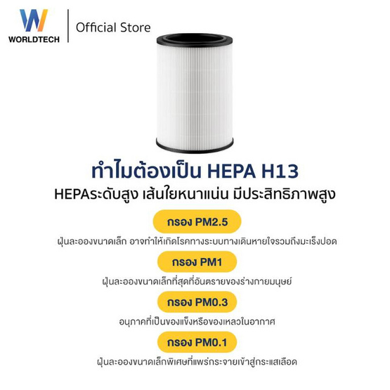 Worldtech  ไส้กรองเครื่องฟอกอากาศ HEPA 13  รุ่น WT-P110-Filter